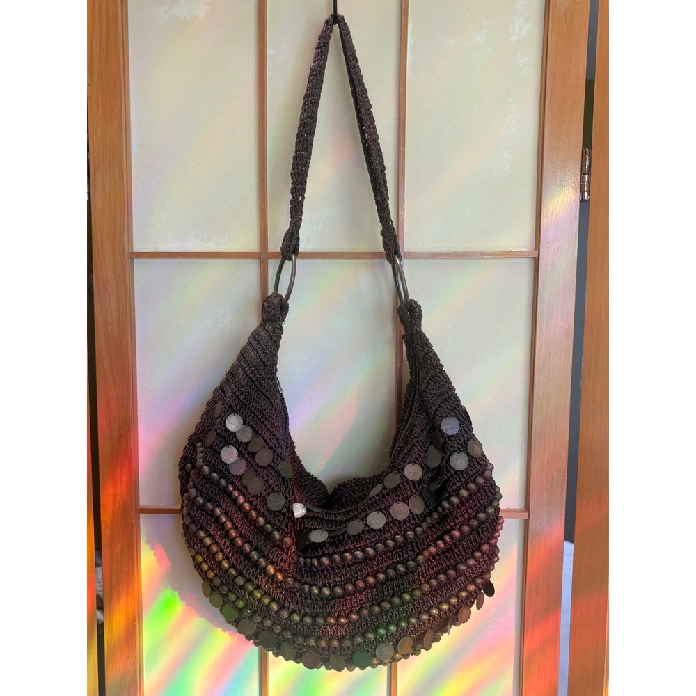 Brown Crochet Y2k Boho Bag Coin Bead Embellished Shoulder Bag Slouchy Festival